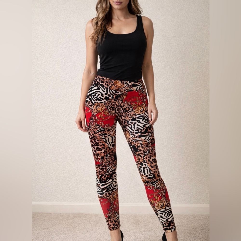 Thalia Sodi Red Mixed Animal Print High-Waist Leggings size S
